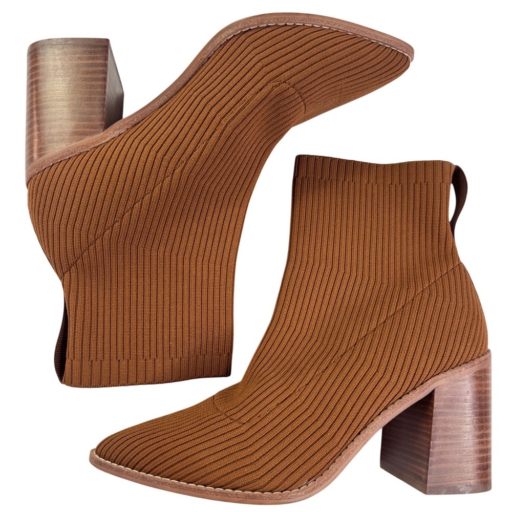 Steven New York Nichol Cognac Brown Ribbed Knit Pointed Toe Block Heel Boots 10